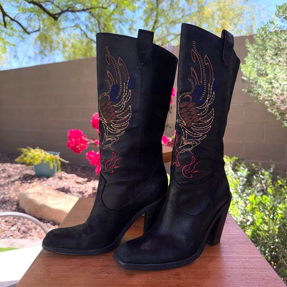 Gianni Bini Boots Black Suede Women's 7Medium Embroidered Western Southwest - Picture 1 of 7